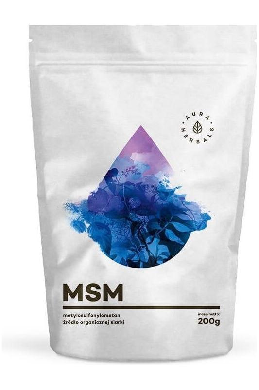 Aura Herbals MSM Organic Sulphur Powder 200g package design with colorful graphics.