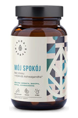 Aura Herbals My Peace supplement bottle with Ashwagandha for stress relief and relaxation, 60 vegan capsules.