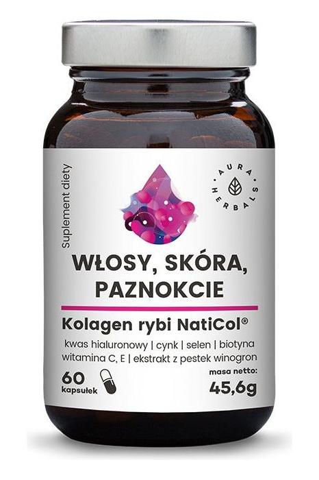 Aura Herbals Naticol Fish Collagen dietary supplement for hair, skin, and nails in a 60-capsule bottle.