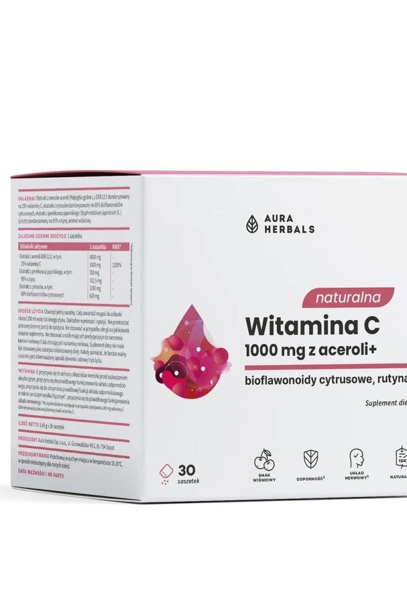 Aura Herbals Natural Vitamin C 1000 mg sachets box with information on benefits and ingredients.