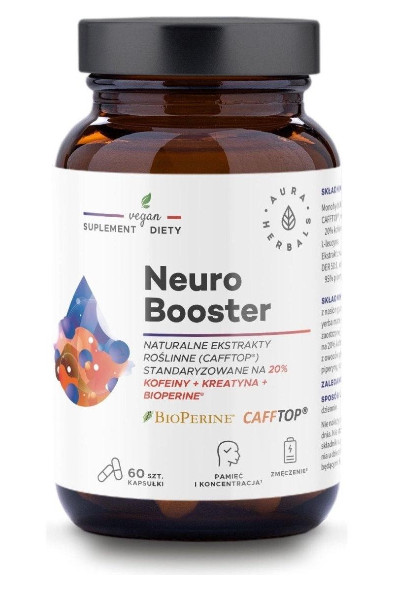 Aura Herbals Neuro Booster supplement bottle with 60 vegan capsules for improved concentration.