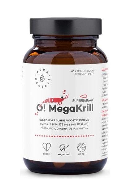 Aura Herbals O! Megakrill 1180 mg supplement bottle with krill oil for heart health.