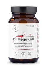 Aura Herbals O! Megakrill 1180 mg supplement bottle with krill oil for heart health.