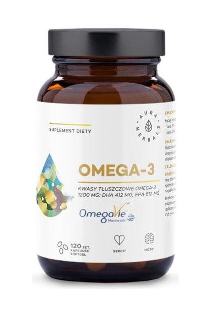 Aura Herbals Omega-3 1200 Mg supplement bottle, 120 capsules for heart and brain health.