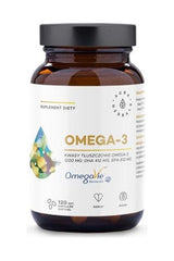 Aura Herbals Omega-3 1200 Mg supplement bottle, 120 capsules for heart and brain health.