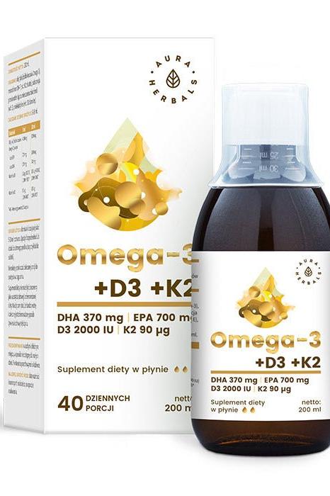Aura Herbals Omega-3 supplement with DHA, EPA, D3, and K2, promoting heart and brain health, 200 ml.