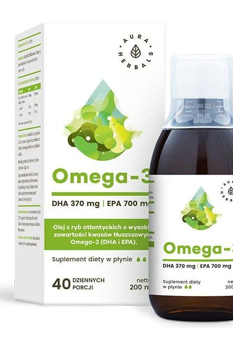 Aura Herbals Omega-3 liquid supplement with DHA 370 mg and EPA 700 mg in 200 ml bottle, supports brain and heart health.