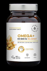 Aura Herbals Omega+ Vitamin D3 supplement for children, 60 capsules, supports heart and immune function.