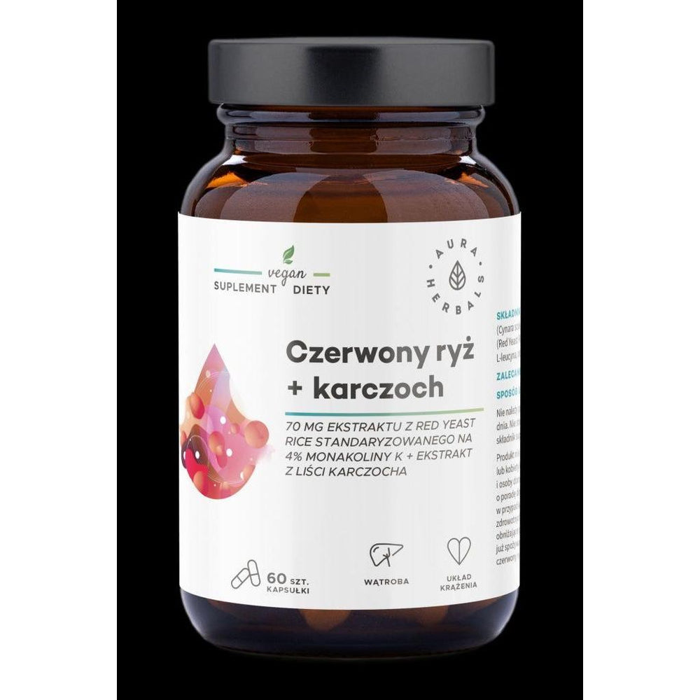 Aura Herbals Red Rice + Artichoke supplement bottle, 60 vegan capsules for heart health support.