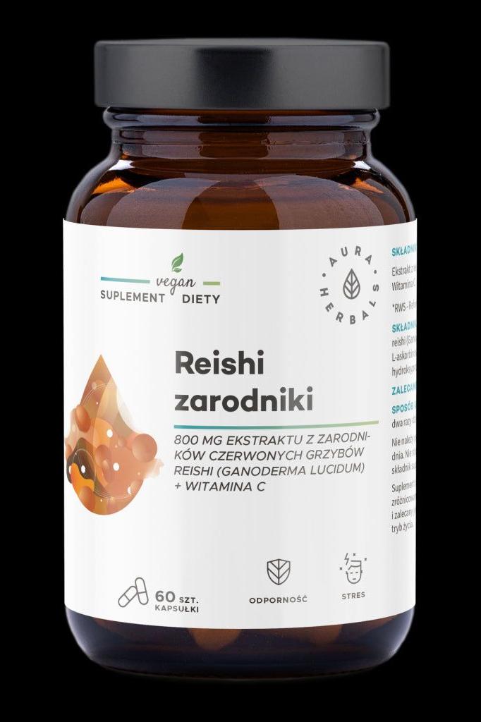 Aura Herbals Reishi Spores 800 mg vitamin C in vegan capsules for immune support and overall health.