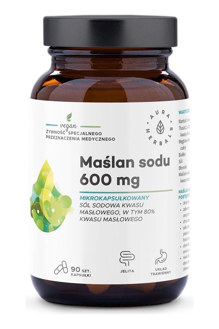 Aura Herbals Sodium Butyrate 600 mg in microencapsulated form, 90 capsules, for gut health and digestive support.
