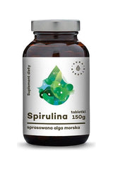 Aura Herbals Spirulina supplement bottle with 150g of pressed sea algae tablets.