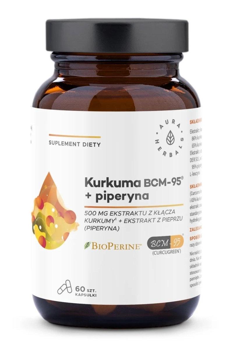Aura Herbals Turmeric BCM-95 500mg with Piperine supplement bottle, 60 vegan capsules for circulation support.