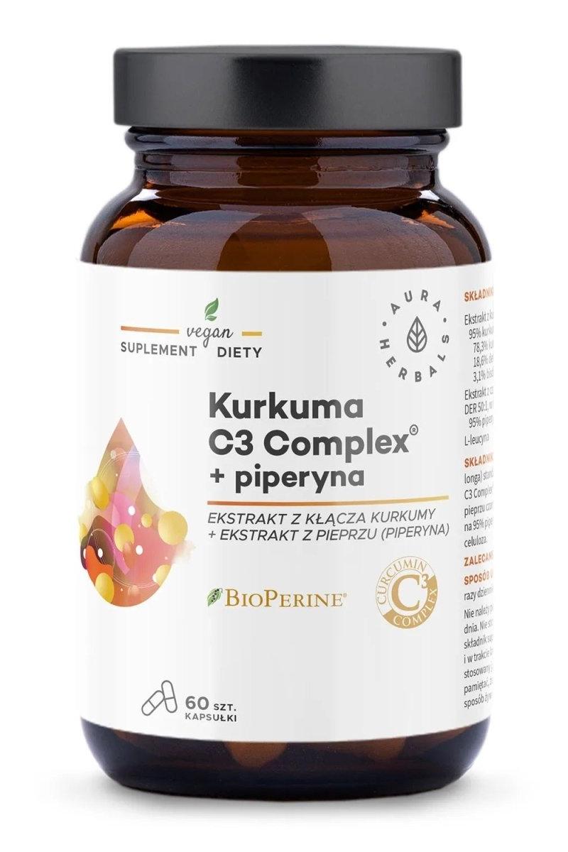 Aura Herbals Turmeric C3 Complex 500 mg with Piperine, vegan dietary supplement, 60 capsules.