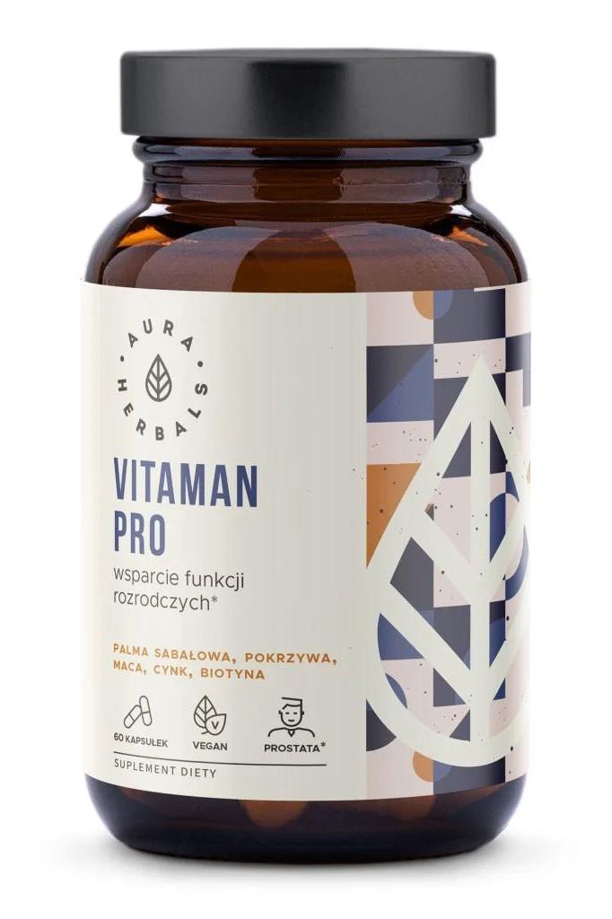 Aura Herbals Vitaman Pro supplement for men's health, promoting hair growth and reproductive function in a 60-capsule bottle.