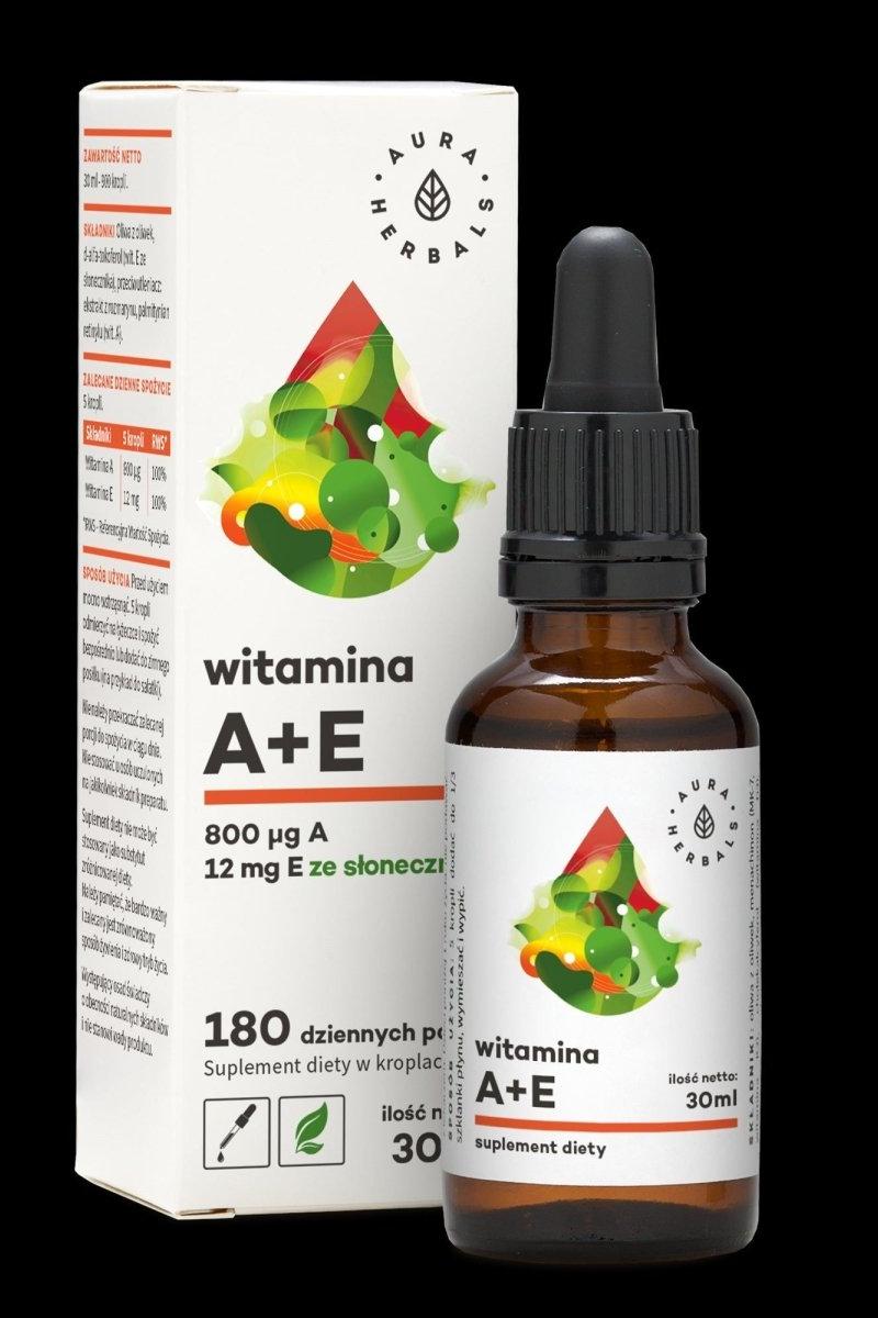 Aura Herbals Vitamin A + E supplement 30ml bottle with dropper, promoting skin and eye health. Aura Herbals Vitamin A + E supplement 30ml bottle with dropper, promoting skin and eye health.