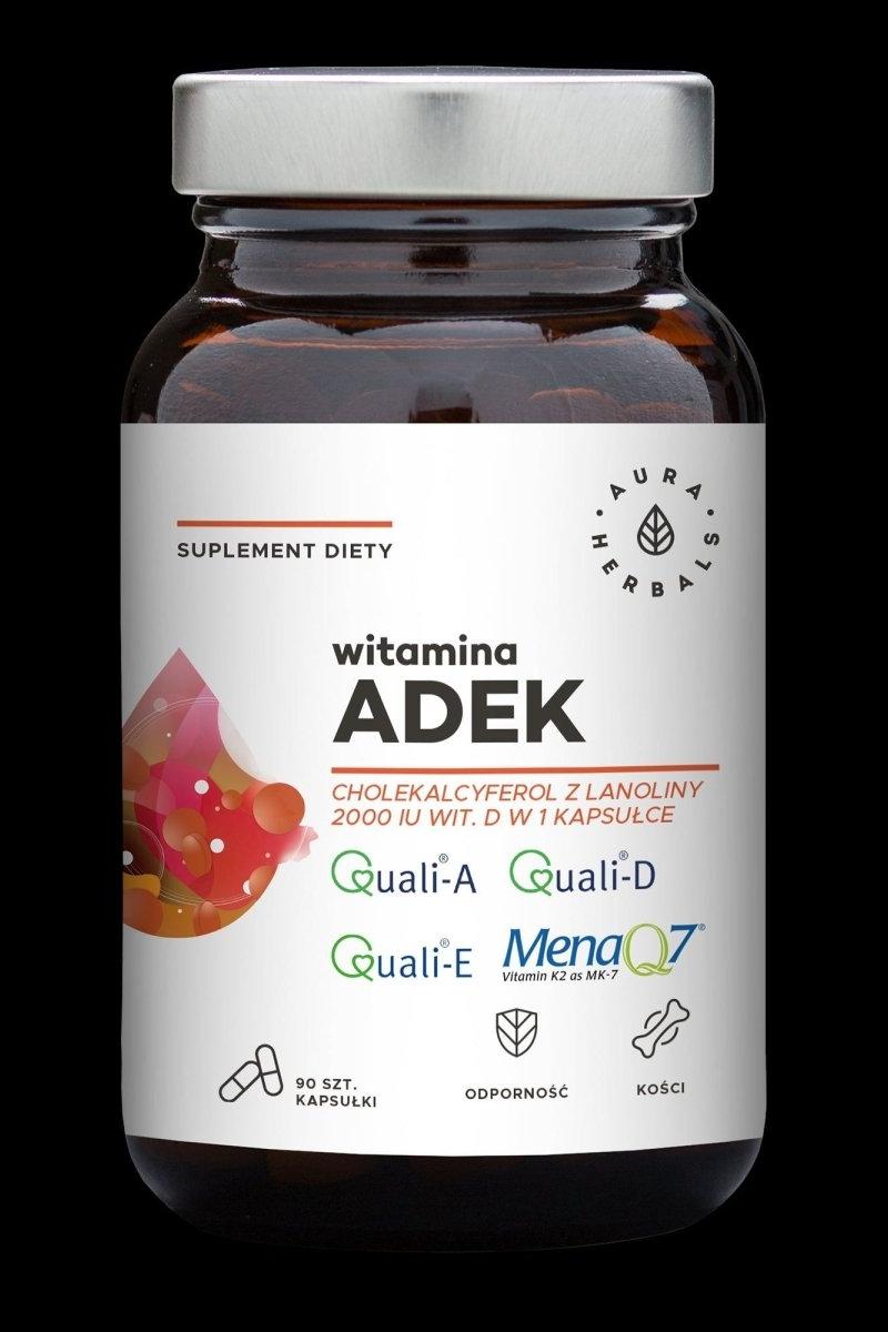 Aura Herbals Vitamin Adek supplement bottle with 90 capsules, rich in vitamins A, D, E, and K for immune and bone health.