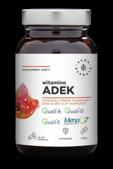 Aura Herbals Vitamin Adek supplement bottle with 90 capsules, rich in vitamins A, D, E, and K for immune and bone health.