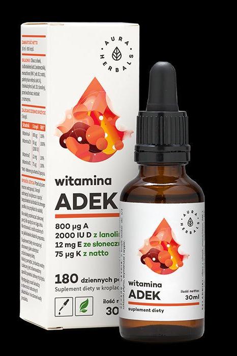Aura Herbals Vitamin Adek supplement with natural vitamins A, D3, E, K2, 30ml bottle and box packaging.