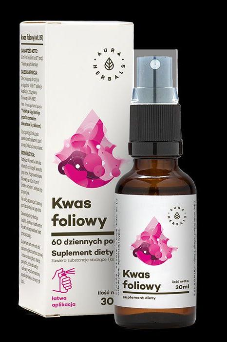 Aura Herbals Vitamin B9 (Folic Acid) spray 30ml, dietary supplement for DNA synthesis and blood formation.