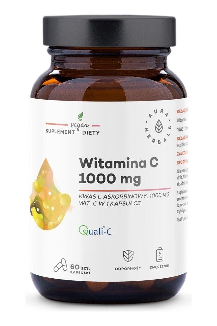 Aura Herbals Vitamin C 1000 mg supplement in a brown glass jar, vegan, high bioavailability, 60 capsules.