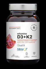 Aura Herbals Vitamin D3 and K2 supplement bottle, 2000 IU, 90 capsules, supports bone and immune health.