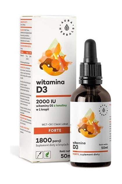 Aura Herbals Vitamin D3 2000 IU Forte dropper bottle with MCT oil, 50ml for bone and immune health.