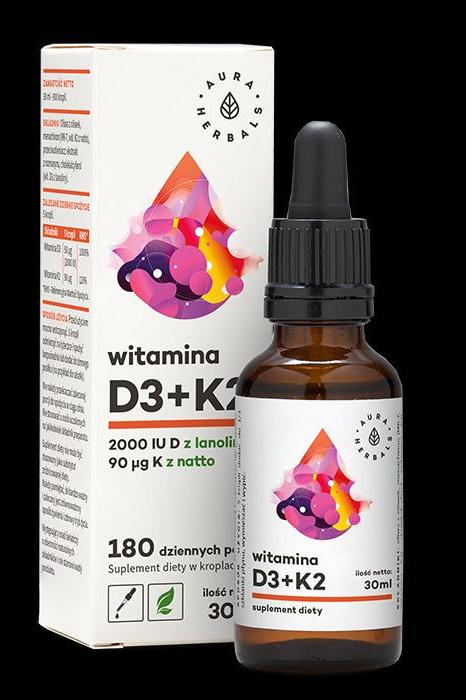 Aura Herbals Vitamin D3 2000 IU and K2 drops in a 30ml bottle for bone health and immune support.