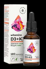 Aura Herbals Vitamin D3 2000 IU and K2 drops in a 30ml bottle for bone health and immune support.