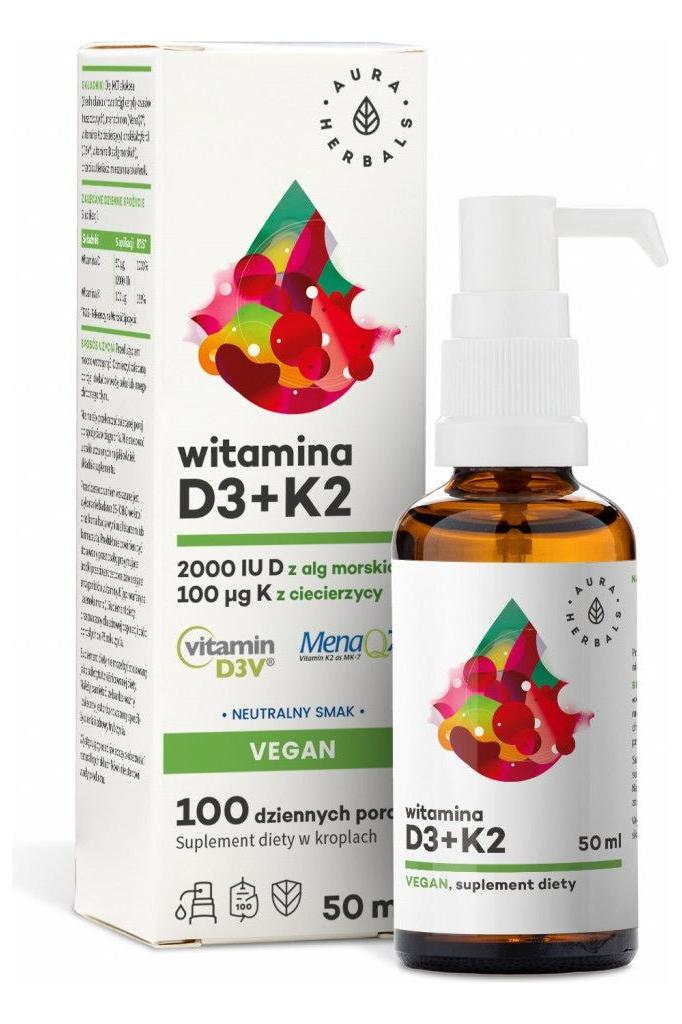 Aura Herbals Vegan Vitamin D3 2000 IU and K2 supplement in 50 ml bottle, supports immune and bone health.