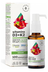 Aura Herbals Vegan Vitamin D3 2000 IU and K2 supplement in 50 ml bottle, supports immune and bone health.