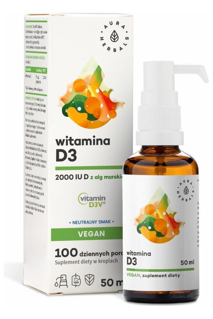 Aura Herbals Vitamin D3 2000 IU vegan supplement in a 50ml bottle, supporting immune health and mood.