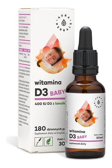 Aura Herbals Vitamin D3 400 IU Baby supplement in 30ml bottle, designed for healthy bones and immune support.