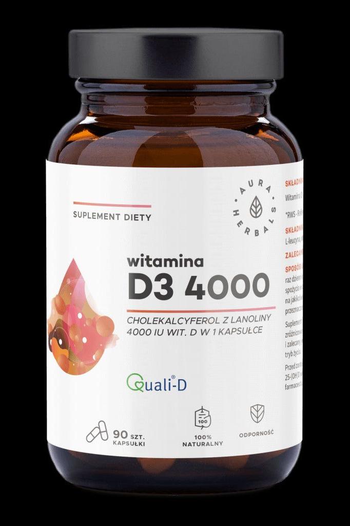 Aura Herbals Vitamin D3 4000 IU supplement bottle, 90 capsules for immune and bone health support.