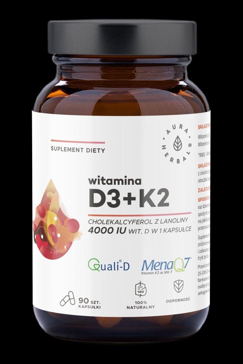 Aura Herbals Vitamin D3 K2 supplement bottle, 4000 IU, 90 capsules for healthy bones and immune support. Aura Herbals Vitamin D3 K2 supplement bottle, 4000 IU, 90 capsules for healthy bones and immune support.