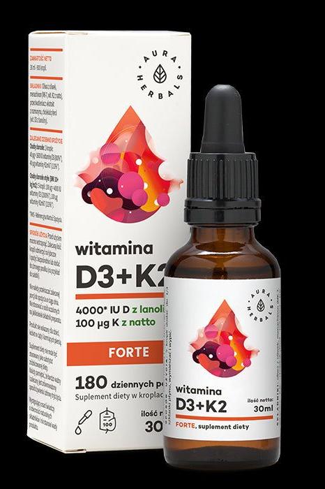 Aura Herbals Vitamin D3 4000 IU and K2 Forte 30ml dropper with packaging, promoting bone health and immunity.