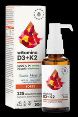 Aura Herbals Vitamin D3 and K2 supplement in a 50ml bottle with MCT oil, promoting healthy bones and immune function.