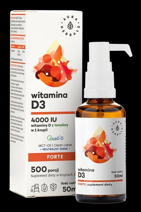 Aura Herbals Vitamin D3 4000 IU supplement in a 50 ml bottle with modern packaging and pump dispenser. Aura Herbals Vitamin D3 4000 IU supplement in a 50 ml bottle with modern packaging and pump dispenser.