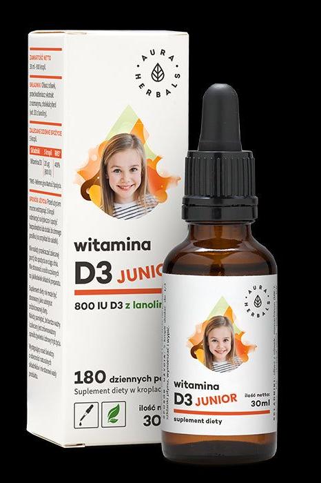 Aura Herbals Vitamin D3 Junior 800 IU supplement for kids in 30ml bottle promoting healthy bones and immune function.