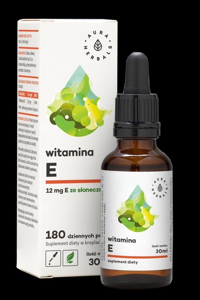Aura Herbals Vitamin E 30ml bottle and packaging, a strong antioxidant supplement for cellular protection.