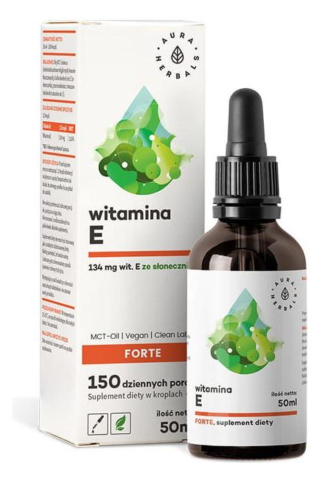 Aura Herbals Vitamin E Forte 50ml bottle with packaging, rich in antioxidants and MCT oil for easy absorption.