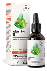 Aura Herbals Vitamin E Forte 50ml bottle with packaging, rich in antioxidants and MCT oil for easy absorption.