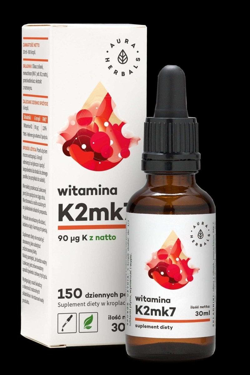 Aura Herbals Vitamin K2 supplement bottle, 30 ml, promotes bone health and supports blood coagulation. Aura Herbals Vitamin K2 supplement bottle, 30 ml, promotes bone health and supports blood coagulation.