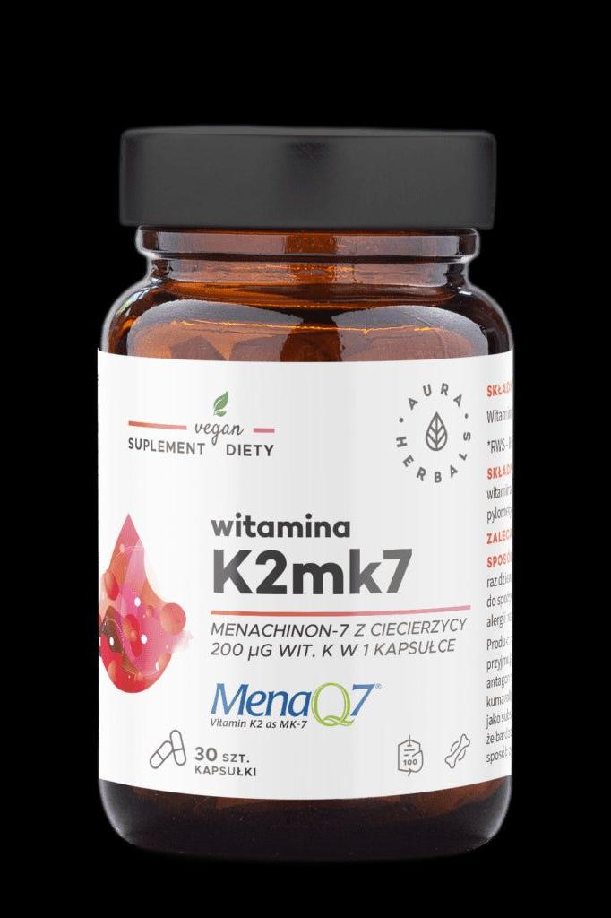Aura Herbals Vitamin K2 Mk7 200 mcg supplement bottle with vegan label and MenaQ7 branding.
