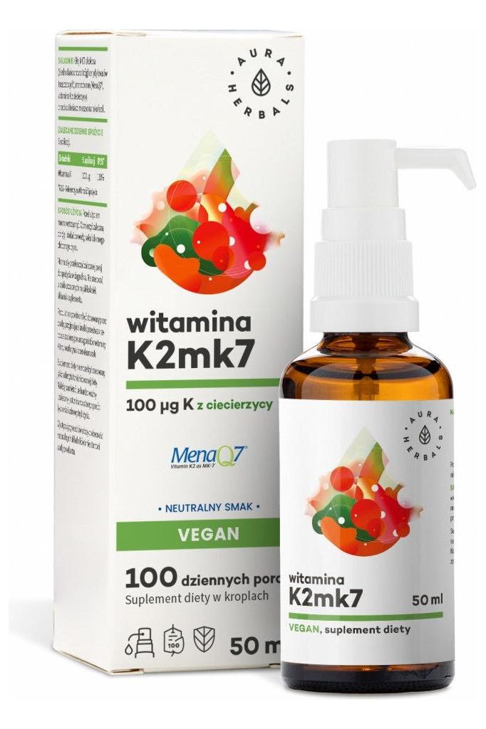 Aura Herbals Vitamin K2Mk7 100 mcg vegan dietary supplement in spray bottle with packaging, 50 ml.