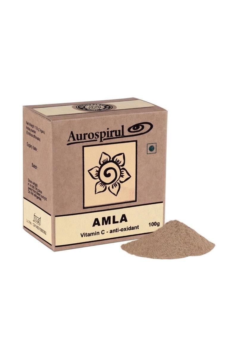 Aurospirul Amla powder packaging, featuring 100g of antioxidant-rich amla for health benefits.
