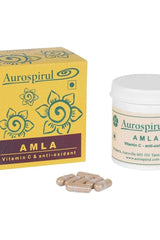 Aurospirul Amla capsules and box highlighting antioxidant properties and vitamin C benefits.