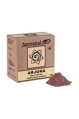 Aurospirul Arjuna powder box promoting heart health and healthy blood pressure, 100g.