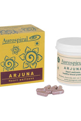Aurospirul Arjuna heart wellness capsules with packaging and container, supports cardiovascular health.
