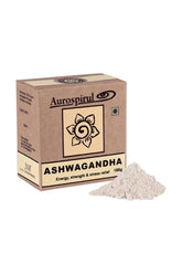 Aurospirul Ashwagandha powder package promoting energy, strength, and stress relief, 100g.